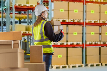 Customs officer. Woman works in customs warehouse. Girl with boxes with her back to camera. Customs...