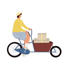 Delivery or post service courier in the uniform riding a bakfiets or cargo bike, parcel boxes in the cart. Vector flat style isolated character illustration.