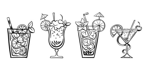 beach cocktails. a collection of refreshing drinks. pina colada, cuba libre, margarita, blue lagoon. linear graphics. vector illustration.