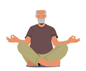 Naklejka premium Elderly Male Character Meditating in Lotus Pose Isolated on White Background. Old Man Yoga, Healthy Lifestyle, Relax