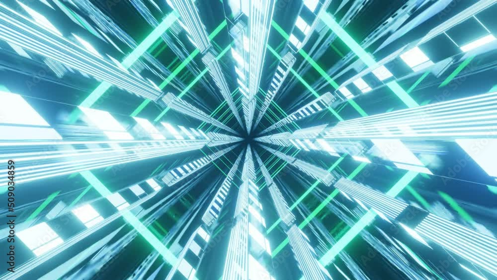 Poster abstract neon tunnel. hi-tech neon sci-fi tunel. trendy neon glow lines form pattern and constructio