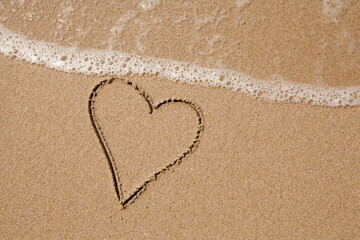 Fototapeta na wymiar Heart drawing of hand on the sea beach sand.