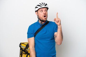 Young brazilian man with thermal backpack isolated on white background intending to realizes the solution while lifting a finger up