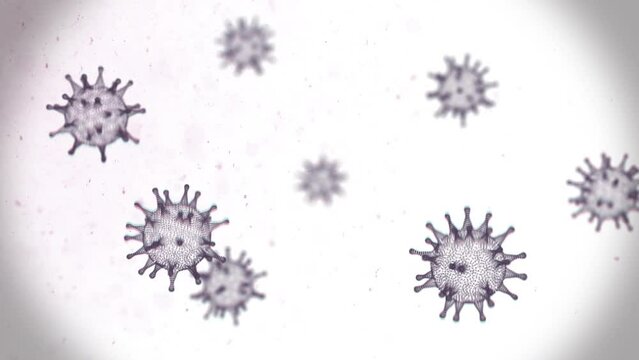 Researching the virus cells with microscope in the scientific laboratory. Microbe bacteria molecules are placed to the blood liquid and examine effects on living cells of the human body, 3d animation.
