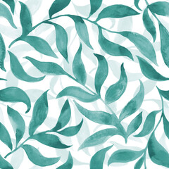 Seamless pattern with stylized branches, leaves on a white background. Watercolor hand-drawn illustration. Natural print in turquoise tones. Pattern for the design of textile,wallpaper, paper products