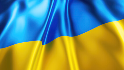 3d render, waving blue-yellow Ukrainian flag macro, abstract background, silky fabric with folds