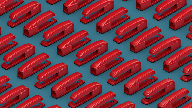 3D Illustration of a Pattern of Red Staplers Isolated on Isometric Blue Background. Office Product Concept.