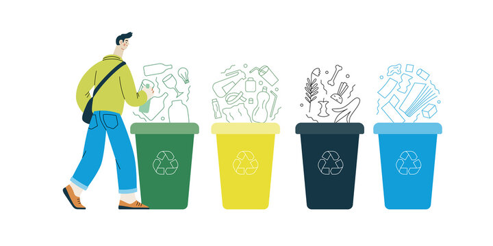 Ecology - Waste sorting -Modern flat vector concept illustration of a young man putting a glass bottle into the garbage container for glass waste. Creative landing web page illustartion