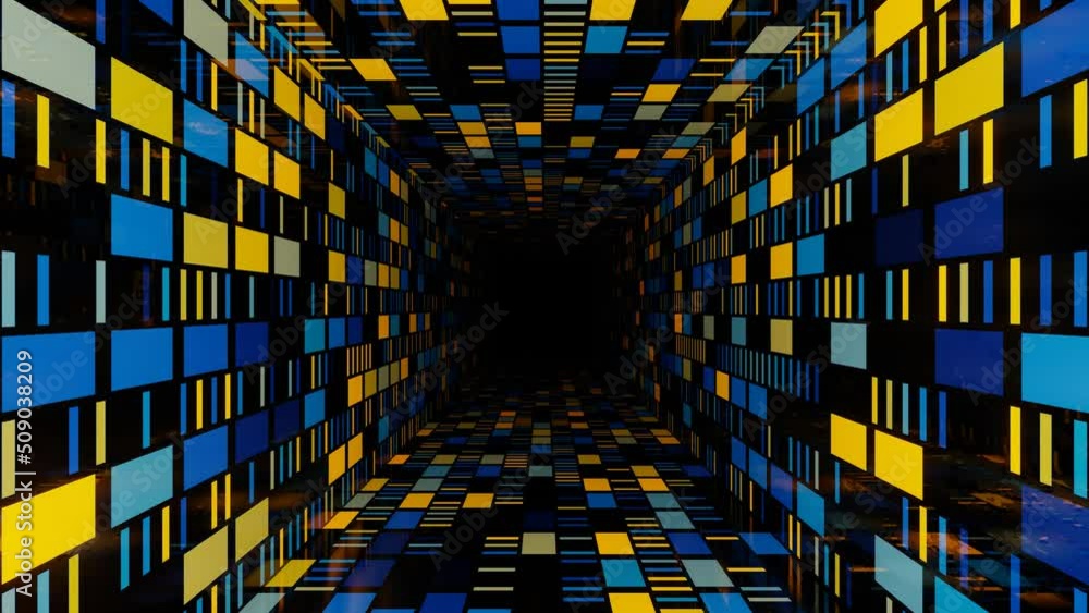 Poster 4k seamless looped animation. fly through mirror tunnel with neon pattern, glow lines form sci fi pa