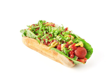 hot dog with ketchup and mustard, isolated on white background