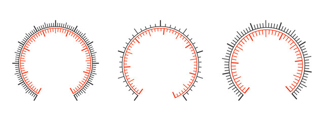Set of measuring dashboard templates with two round charts. Manometer, barometer, speedometer, pressure meter, tonometer, thermometer, navigator or indicator tool interface. Vector illustration