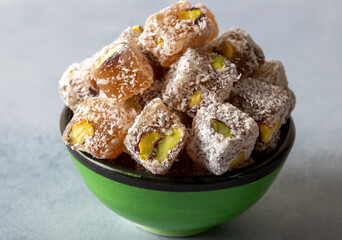Traditional pistachio Turkish delight in a plate
