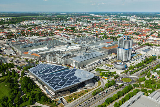 Aerial view of BMW Museum and BWM Welt and Munich from Olympic T