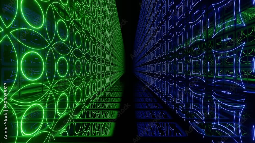 Poster hi-tech neon sci-fi tunel. neon pattern hi tech technology. trendy neon glow lines form pattern and 
