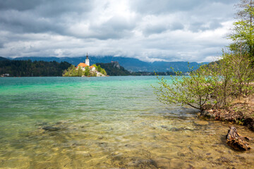 Famous church at lake Bled, Slovenia, in early summer