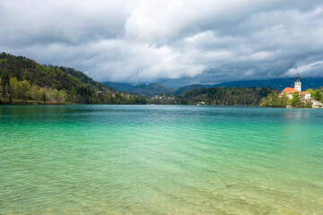 Obraz premium Famous church at lake Bled, Slovenia, in early summer