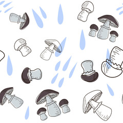 Seamless pattern of white mushrooms and raindrops. Vector illustration in doodle style.