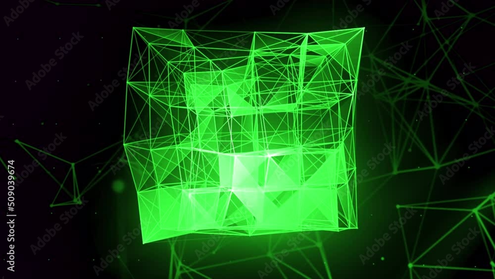 Poster 3d cube of geometric lines. motion. holographic cube of chaotic geometric lines. lines and triangles