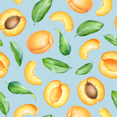 Watercolor seamless pattern with apricot fruits and leaves