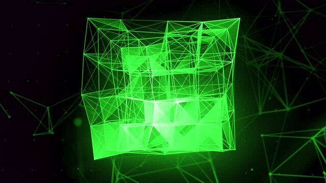 3D cube of geometric lines. Motion. Holographic cube of chaotic geometric lines. Lines and triangles are connected into cube
