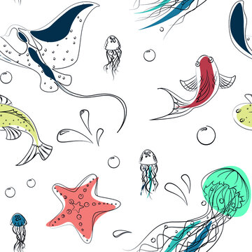 Seamless Sealife Elements Vector Pattern