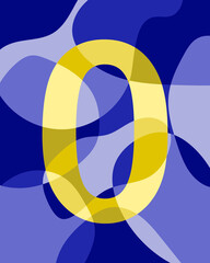 Number 0 of abstract smooth rounded shapes. Contrasting yellow number on a blue background