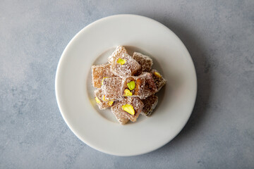 Traditional pistachio Turkish delight in a plate