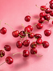 Cherry concept in modern style on pink background with shadows, wallpaper, top view