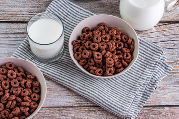 milk and chocolate cornflakes in a bowl