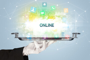 Waiter serving social networking concept