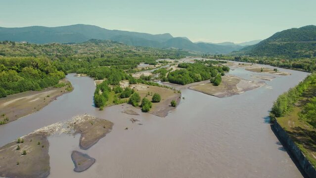 aerial view of river Rioni in green landscape, Georgia, Europe. High quality 4k footage