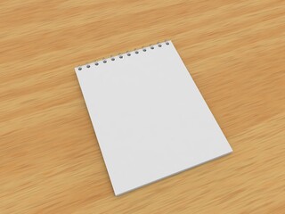 Notepad for notes on a wooden table. 3d render illustration.
