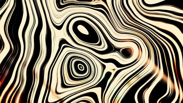 Liquid psychedelic pattern of curved lines. Motion. Moving liquid pattern with curved lines. Spots and curved lines move in psychedelic pattern
