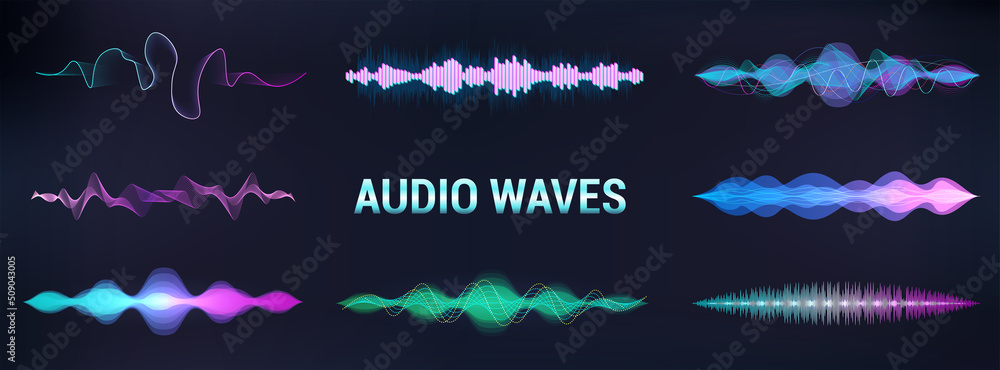 Poster Equalizer music visualisation, sound waves futuristic set. Frequency audio waveform, voice graph, music wave, signal in modern style. Sound recognition. Microphone Voice control. Vector equalizer set