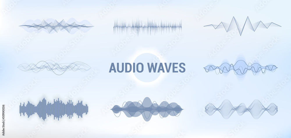 Aufkleber audio sound wave, equalizer music visualisation, pulse musical technology in futuristic style. horiz