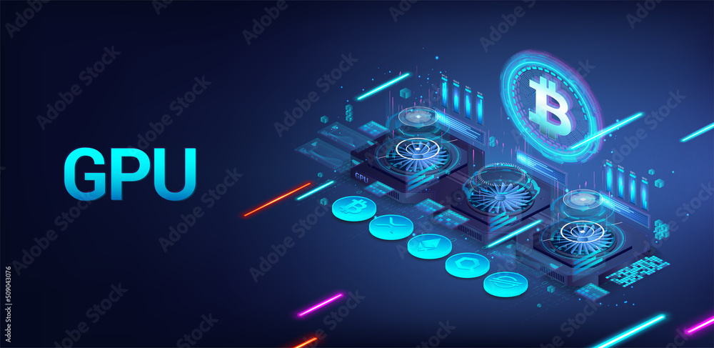 Poster Cryptocurrency mining by Video Graphics Card. GPU for gaming and mining cryptocurrency. Video card with three cooling coolers and HUD. Isometric GPU - gaming, ray tracing, rendering. Vector banner