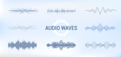 Audio sound wave, Equalizer music visualisation, pulse musical technology in futuristic style. Horizontal Audio equalizer sound, frequency voice graphic. Vector set microphone voice control