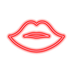Red neon lips on a white background. The contour of the women's lips. Kiss