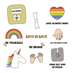 LGBT, pride month cards, stickers. Pride, rainbow, hearts love, colorful. Choose love. Love is love. Unicorn, hands, nails, closet, stars, music. Come out and be prouse. Love always wins