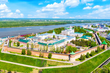 Aerial drone view of Kremlin with Volga river in Nizhny Novgorod, Russia. Summer sunny day - obrazy, fototapety, plakaty