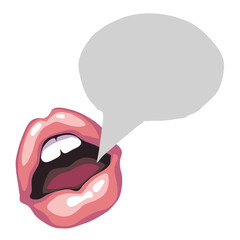 Talking open mouth with bubble cloud. Sexy woman lips telling secret or shouting loud. Speech, storytelling, news for all ears. Hand drawn retro vintage illustration. Old style drawing.