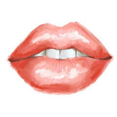 Sexy juicy woman lips with glossy lipstick. Open mouth with beautiful teeth talking, laughing, smiling, kissing. Hand drawn colourful realistic isolated illustration. Old style drawing.