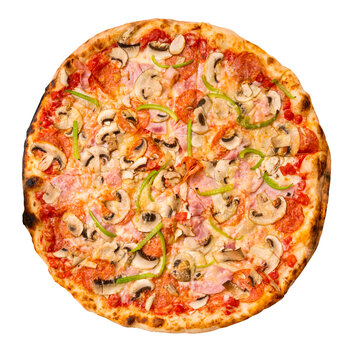 Fresh tasty pizza with tomatoes, pepperoni, cheese, sausage, ham, paprika pepper and mushrooms isolated on white background. Top view