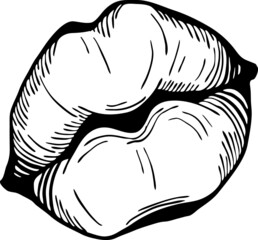 Sexy lips emotions. Beautiful mouth with red lipstick. Isolated fashion  illustration. Kissing lips. For cosmetic make up products. Hand drawn retro vintage vector illustration. Old style line drawing