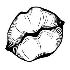 Sexy lips emotions. Beautiful mouth with red lipstick. Isolated fashion  illustration. Kissing lips. For cosmetic make up products. Hand drawn retro vintage old style illustration. Cartoon drawing.