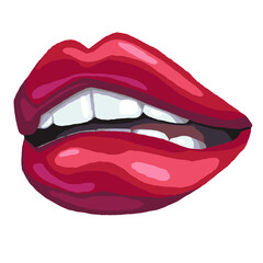 Sexy juicy woman lips with glossy lipstick. Open mouth with beautiful teeth talking, laughing, smiling, kissing. Hand drawn colourful realistic isolated illustration. Comic cartoon style.