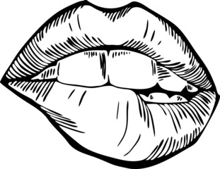 Sexy lips emotions. Beautiful mouth with red lipstick. Isolated fashion  illustration. Kissing lips. For cosmetic make up products. Hand drawn retro vintage vector illustration. Old style line drawing