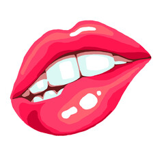 Sexy juicy woman lips with glossy lipstick. Open mouth with beautiful teeth talking, laughing, smiling, kissing. Hand drawn colourful realistic isolated illustration. Old style drawing.