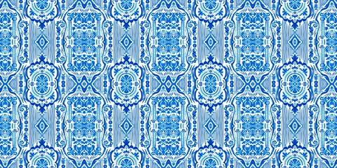  Blue white watercolor azulejo tile border background. Seamless coastal geometrical floral mosaic effect banner. Ornamental arabesque summer fashion repeat edge trim.