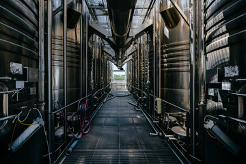Large tanks for fermentation in the modern winery